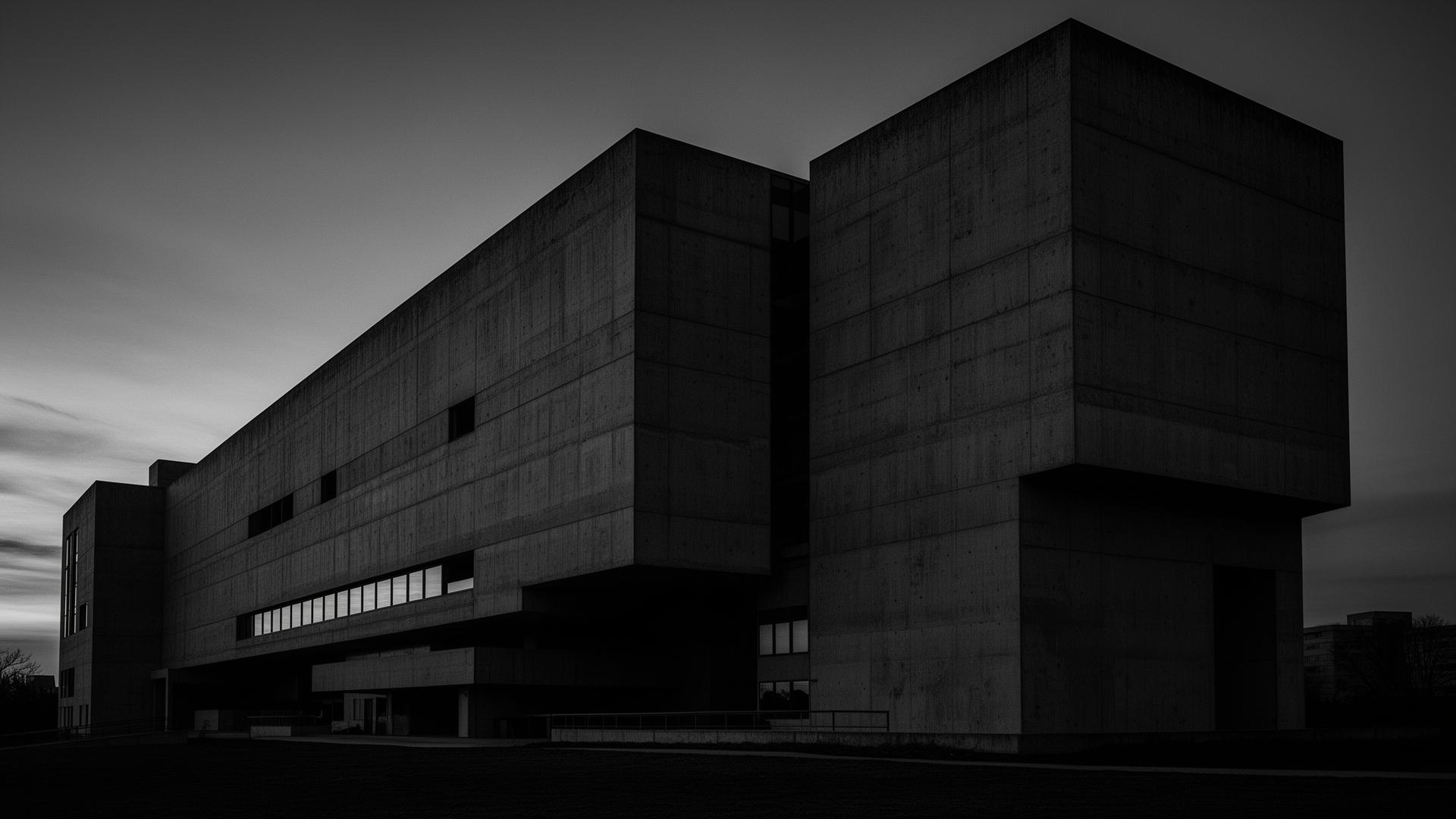 Monumental brutalist concrete building at dusk